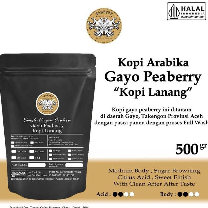 

KOPI ARABIKA GAYO LANANG PEABERRY 500GR BIJI / BUBUK ACEH GAYO ARABICA TERMURAH