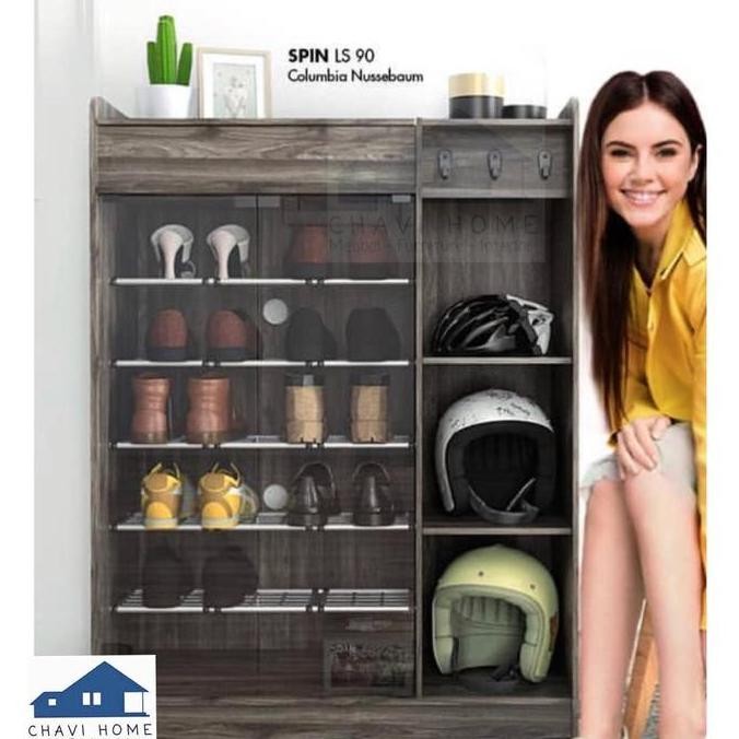 Rak sepatu dengan rak samping rak helm warna gelap pintu kaca