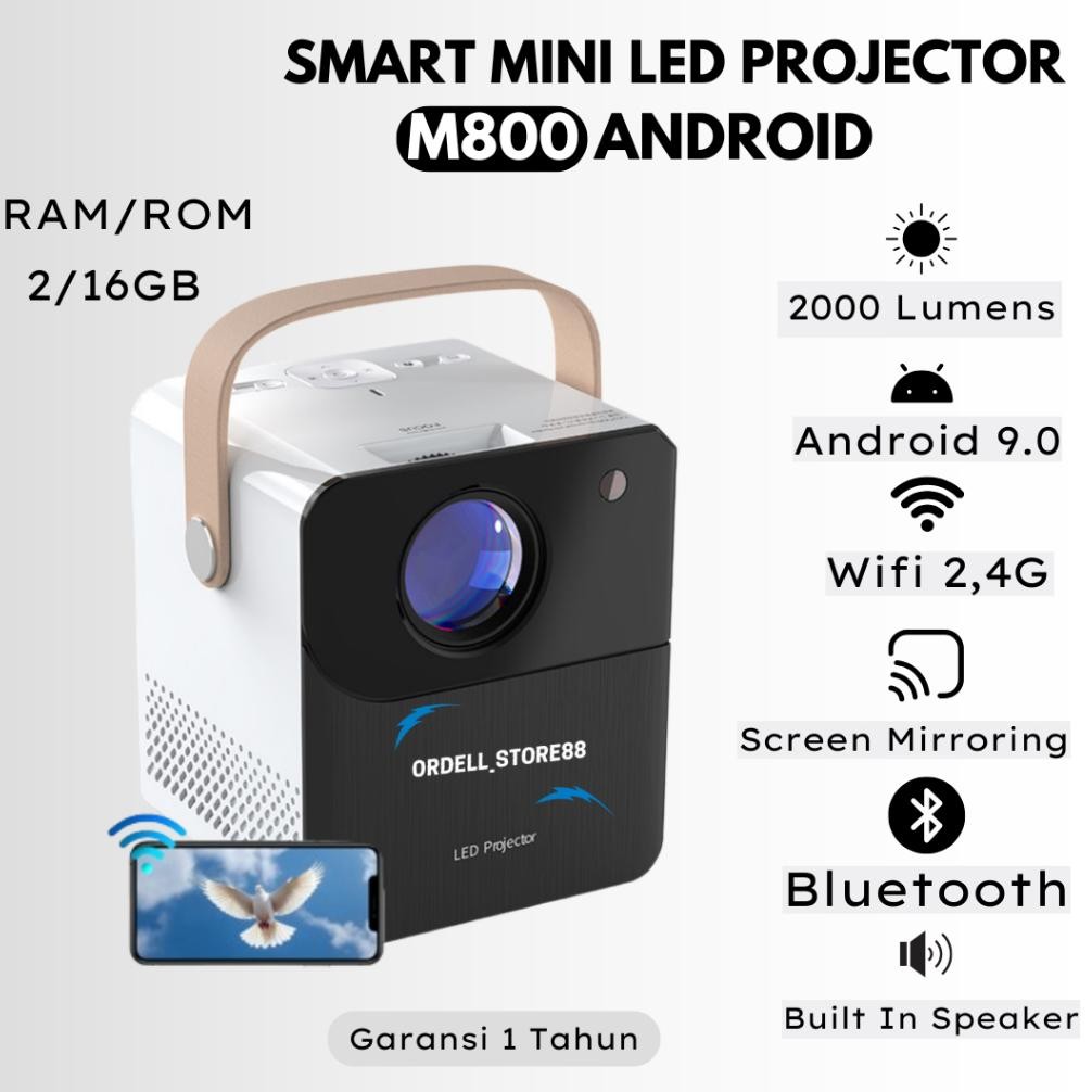 Proyektor Mini LED M800 Android 9.0 Wifi 2000 Lumens | Proyektor Mini Android | Proyektor Mini Porta