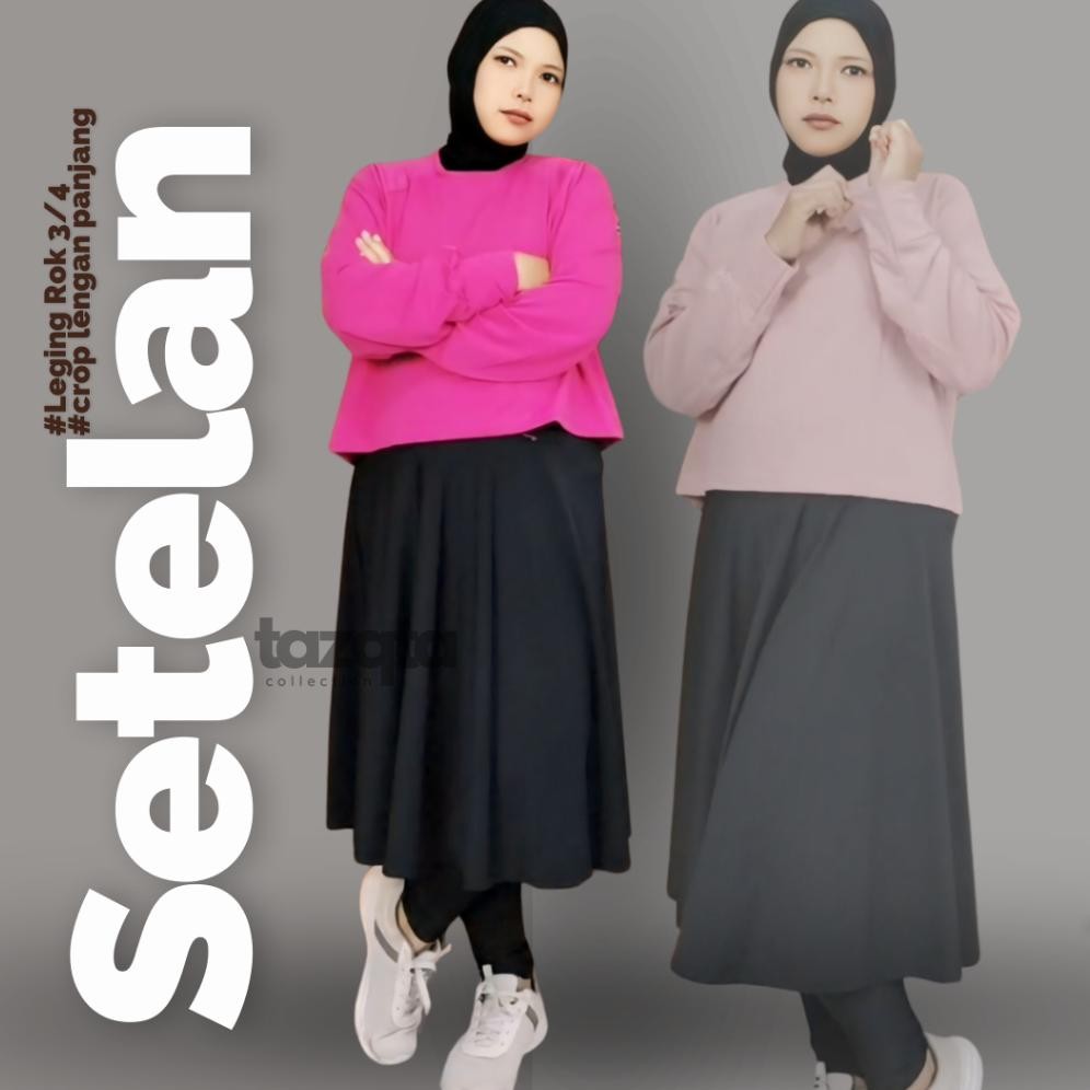 fgk-45 Um57 Setelan Olahraga TAZQTA Mix Leging & Rok Bawah Lutut Crop Kaos Tg. Panjang Legging Rok P