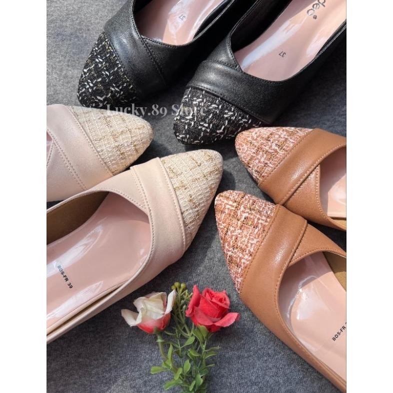FLADEO Sepatu Pantofel Wanita Hak 3cm Variasi Brukat Sepatu Kerja Elegant