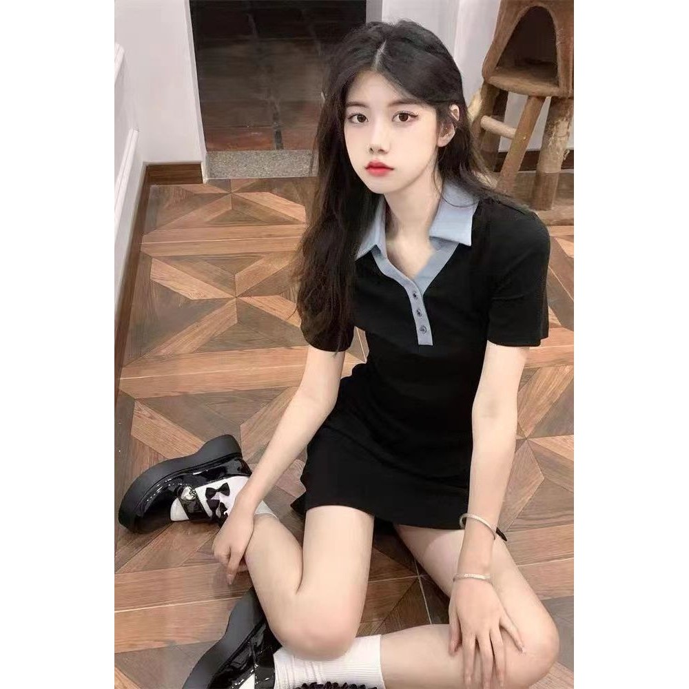 SENYOUMAI Gaun Lengan Pendek Cewek Seksi Gaya Kuliah Desain Ramping Rok Pinggul