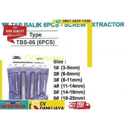 Tap Balik 6 Pcs Screw Extractor Pembuka baut rusak patah Wipro TB-06