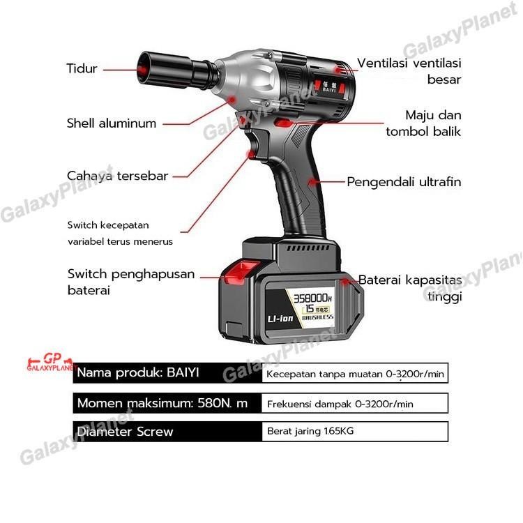 Mesin Impact Baterai Cordless Impact Wrench 550N.M 188Vf Impact Wrench Cordless Impact Wrench Electr