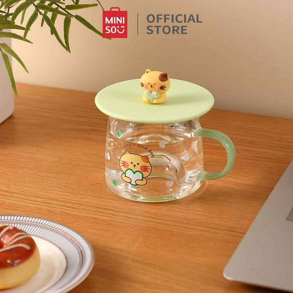 RADEN Miniso Kaca Cangkir Gelas Cup Gelas Kopi Mug Lucu Couple Cantik Minum Kaca 300ML Dengan Tutup 