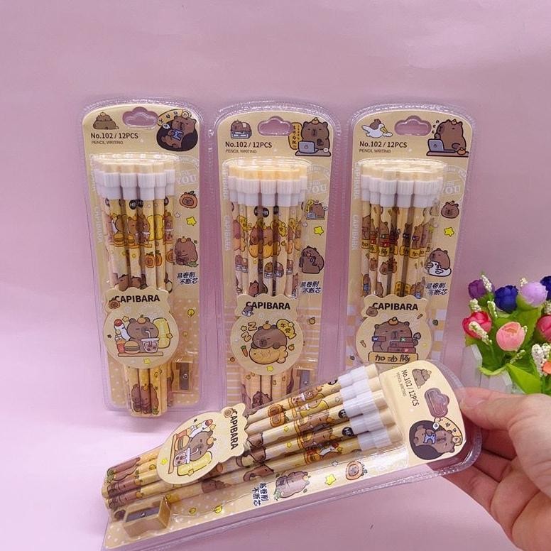 

RB 1 SET 12 PCS Pensil Anak Motif CAPYBARA & LABUBU / Set Pensil Anak Sekolah Lucu CAPYBARA