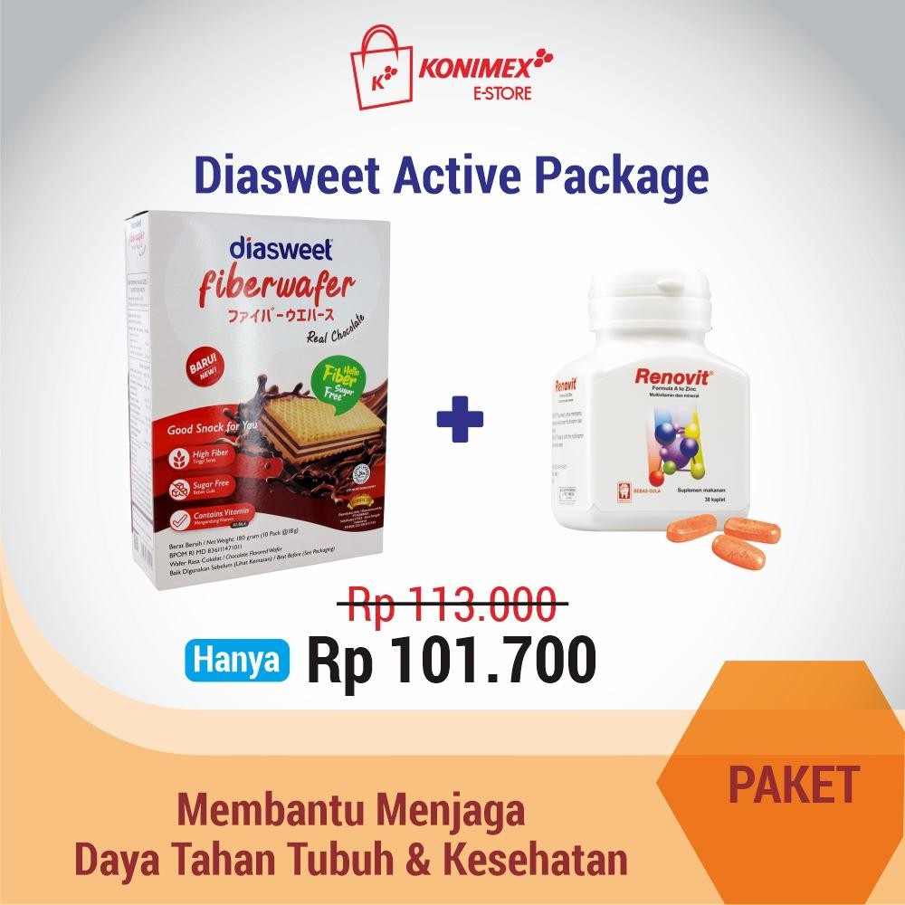 

NEW PRODUCT DIASWEET ACTIVE PACKAGE - FIBERWAFER CHOCOLATE DOOS + RENOVIT 30 TAB NATURES TOUCH.