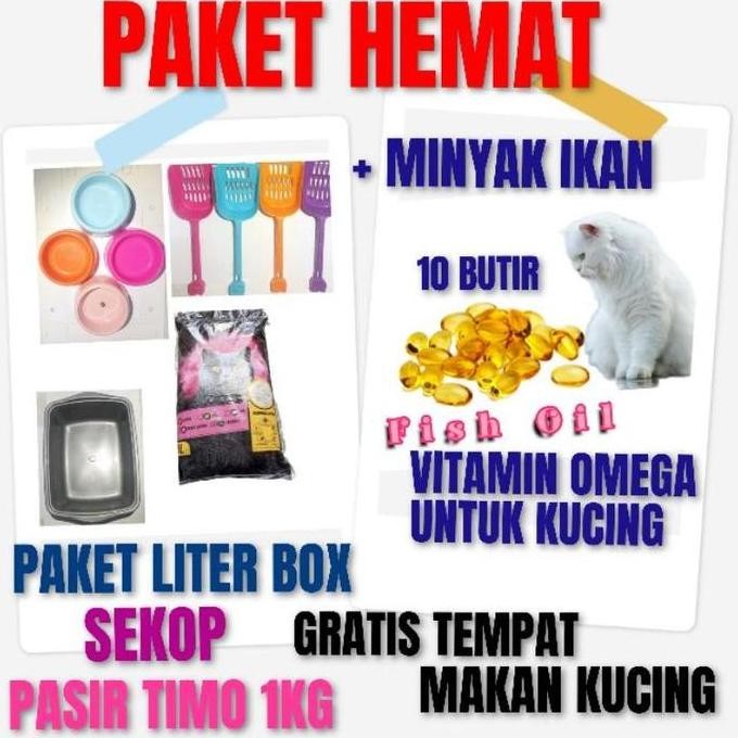 

Terlaris Termurah!!! Paket Bak Pasir + Sekop +1Kg Pasir Gumpal Wangi Bentonite Timo,Tofu(500Gr), Gratis Tempat Makan Kucing + Minyak Ikan Vitamin Omega 10 Butir
