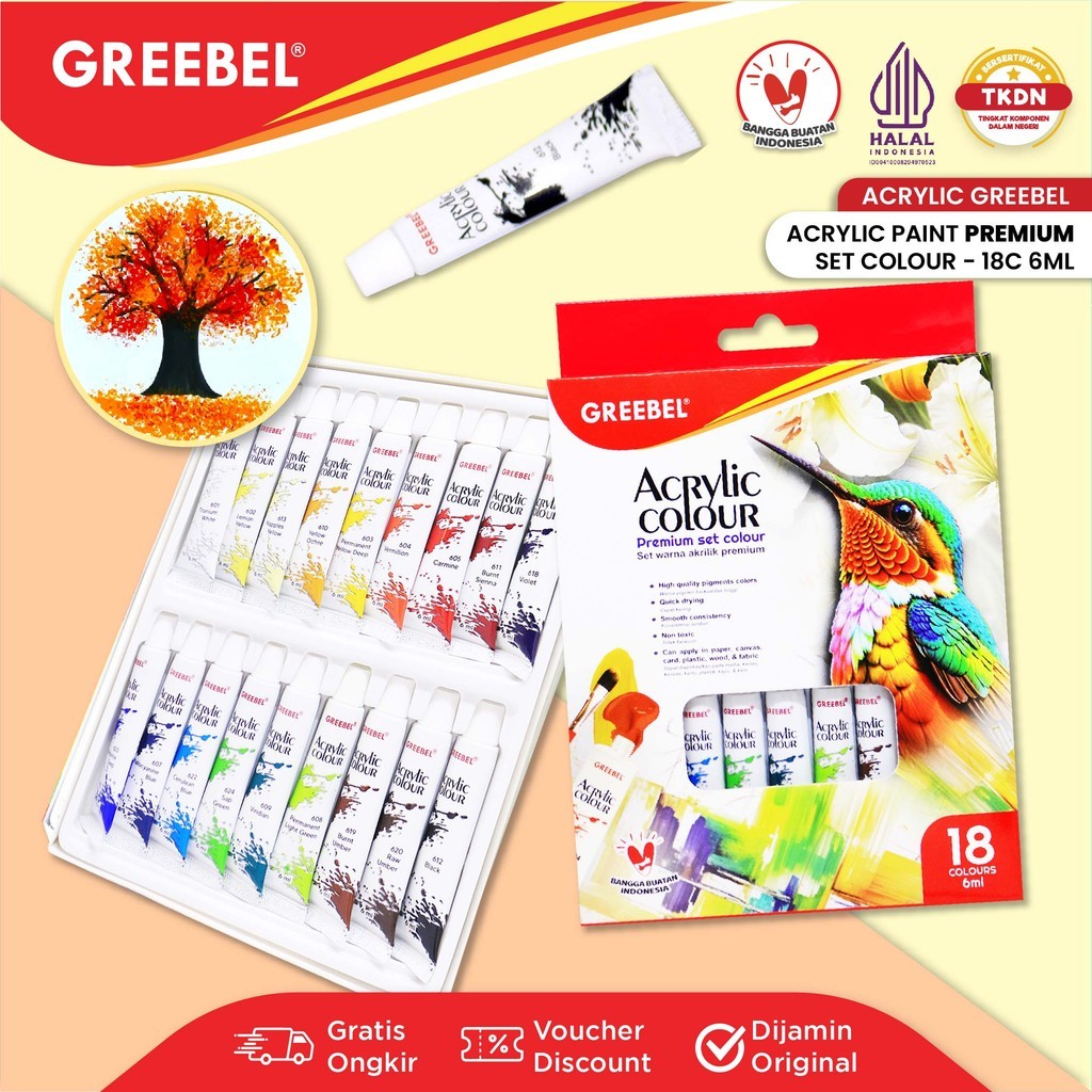 

GREEBEL CAT LUKIS AKRILIK / CAT ACRYLIC COLOUR KANVAS 18 WARNA 6 ML (18X6 ML) / CAT MELUKIS