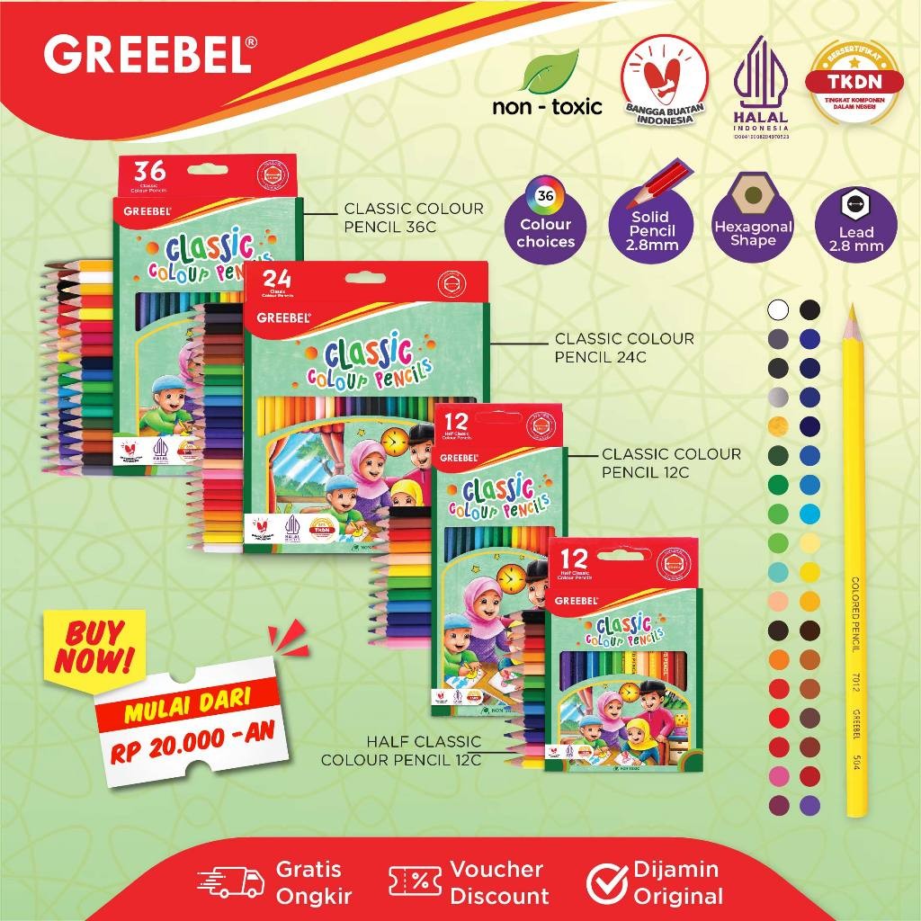 

GREEBEL Pensil Warna Classic Color Pencils Halal Edition / Coloring / Pensil Warna Greebel / Pensil Warna Aman untuk Anak Mewarnai