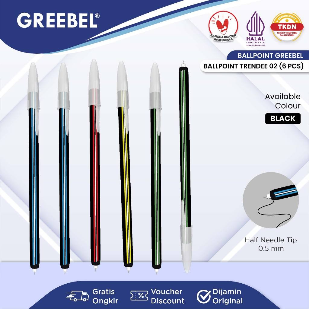 

GREEBEL Pulpen Ballpen / Trendee 02 Hitam (6PCS/SET) / Ballpoint Bolpen Bolpoin Pena Gel