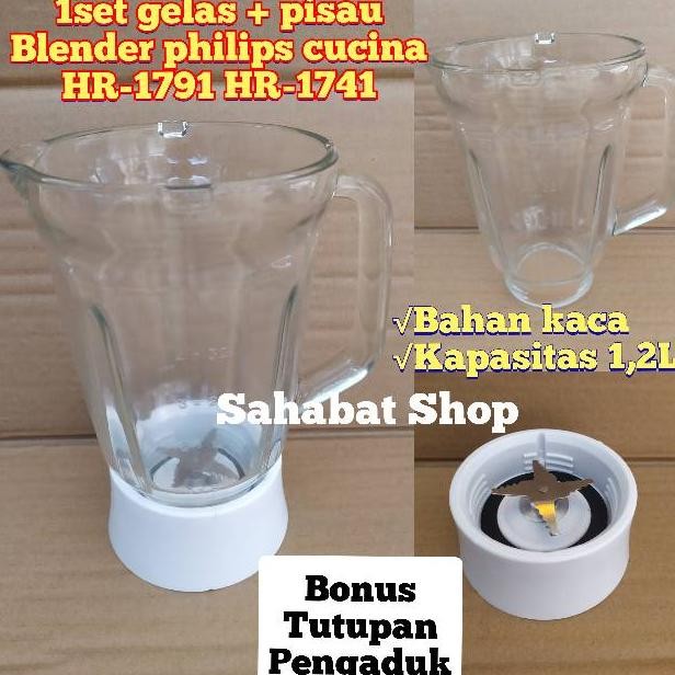 FULLSET PISAU + GELAS JUS KACA BLENDER PHILIPS CUCINA HR 1741 1791 1731