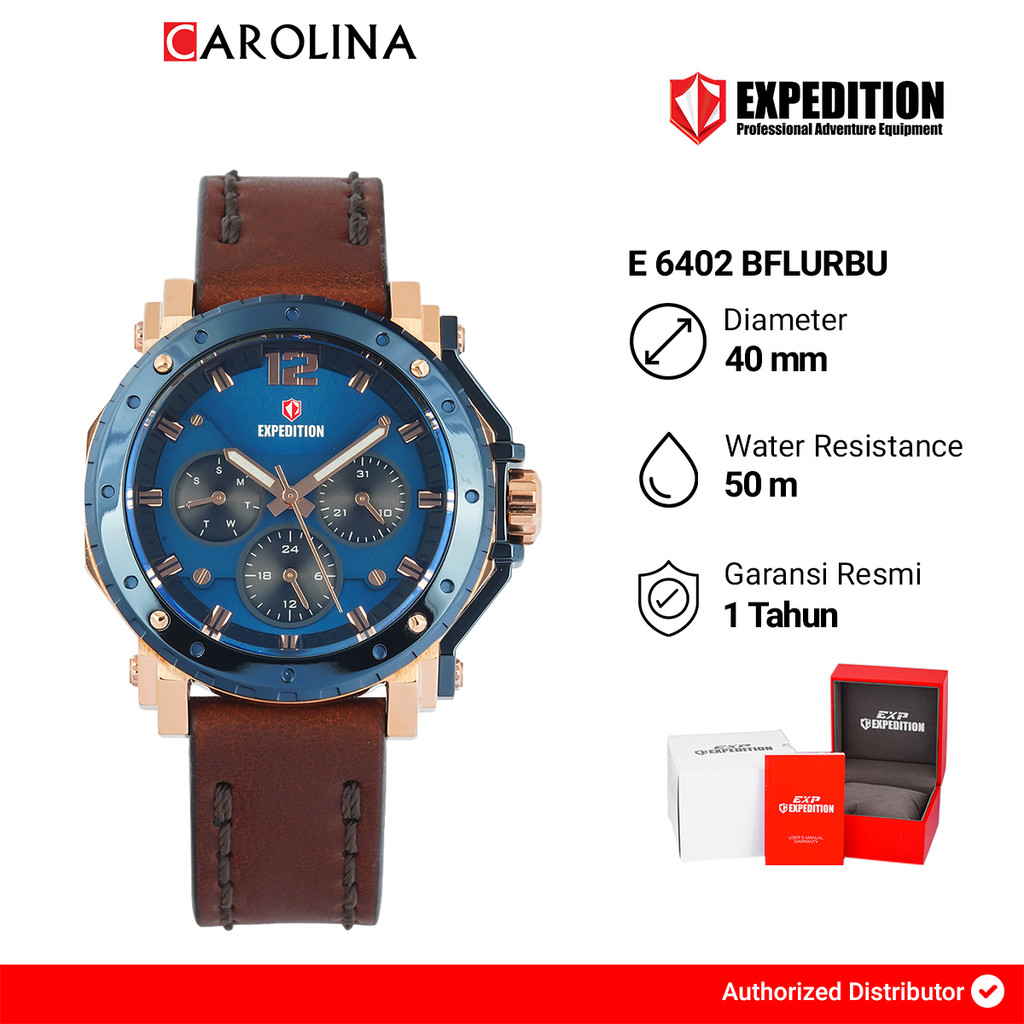 Jam Tangan Wanita Expedition EXP Chronograph E 6402 BFLURBU Blue Dial Brown Leather Strap
