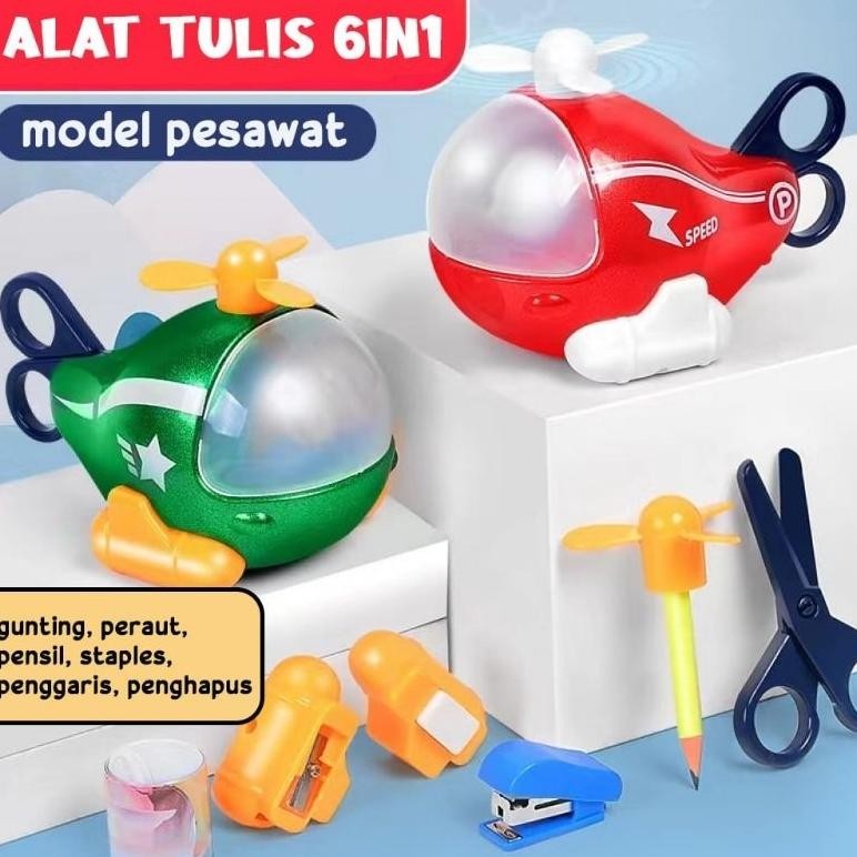 

stationery dino / plane 6in1 set alat tulis helikopter lucu