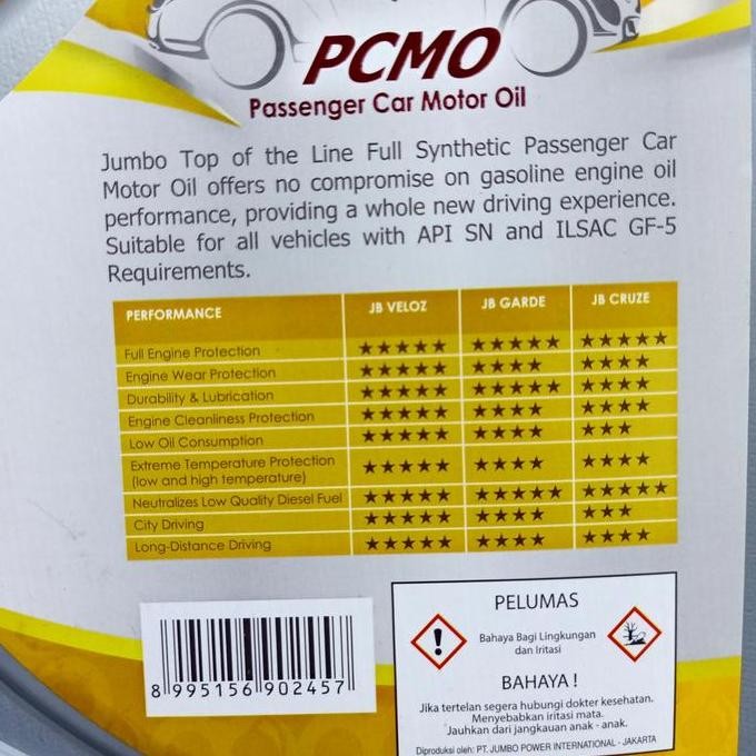 Oli Mesin Jumbo Veloz 5W30/5W-30 Api Sn Gf-5 Full Syn (3.5 Liter) - Asli