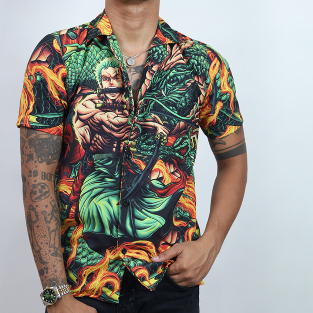 GOKS Baju Kemeja Motif Cewe Cowo Printing Oversize Pria Wanita Outdoor 065 ZORO DRAGON ONE PIECE