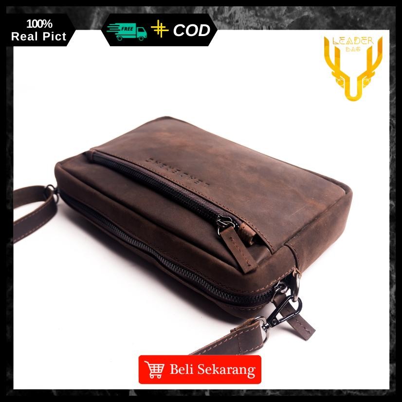 TAS SELEMPANG PRIA KULIT SAPI ASLI MERK LEADERBAG TERBARU WARNA COKLAT ATAU CLUTCH TAS TANGAN COWOK 