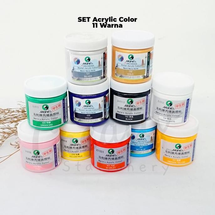 

Spot Barang !!! Maries Cat Akrilik 100 Ml Acrylic Paint Color Set Warna Dasar 7 Warna 9 Warna 11 Warna