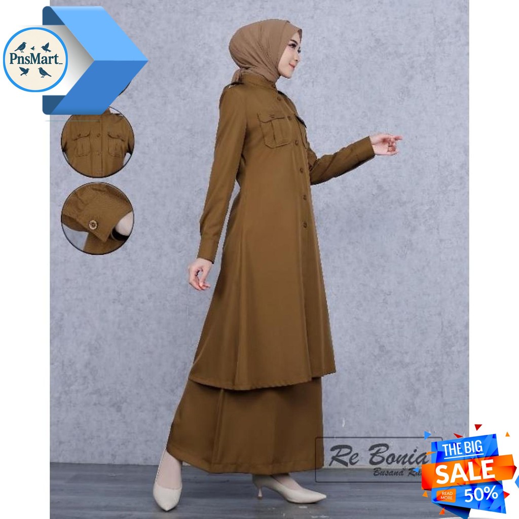 SERAGAM RE BONIA BAJU DINAS PDH TUNIK KHEKI TUA WANITA NON PURING,SERAGAM ASN,PNS,GURU,BAJU KURUNG W