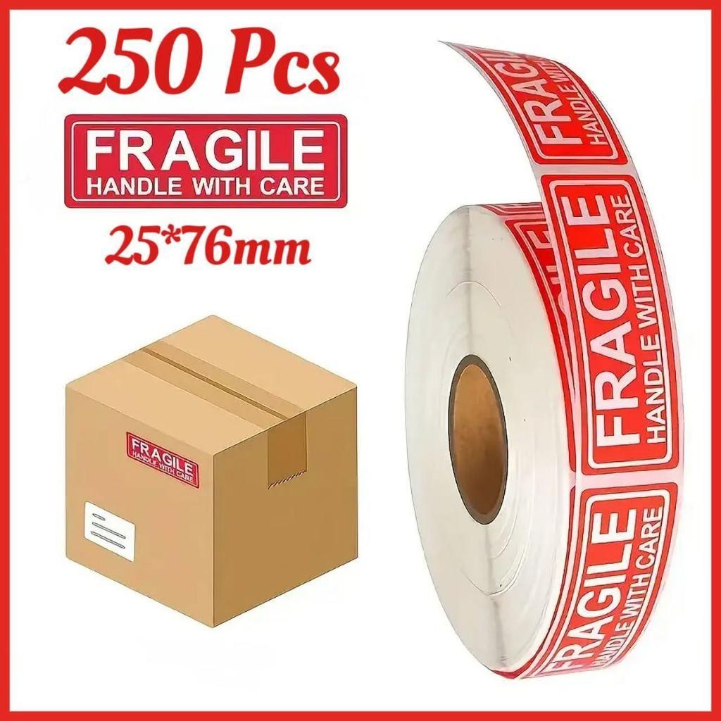 

250Pcs Lakban Fragile Merah Putih Bendeta Sticker Peringatan Fragile Video Unboxing Lakban Unboxing Fragile 25Mm*76Mm