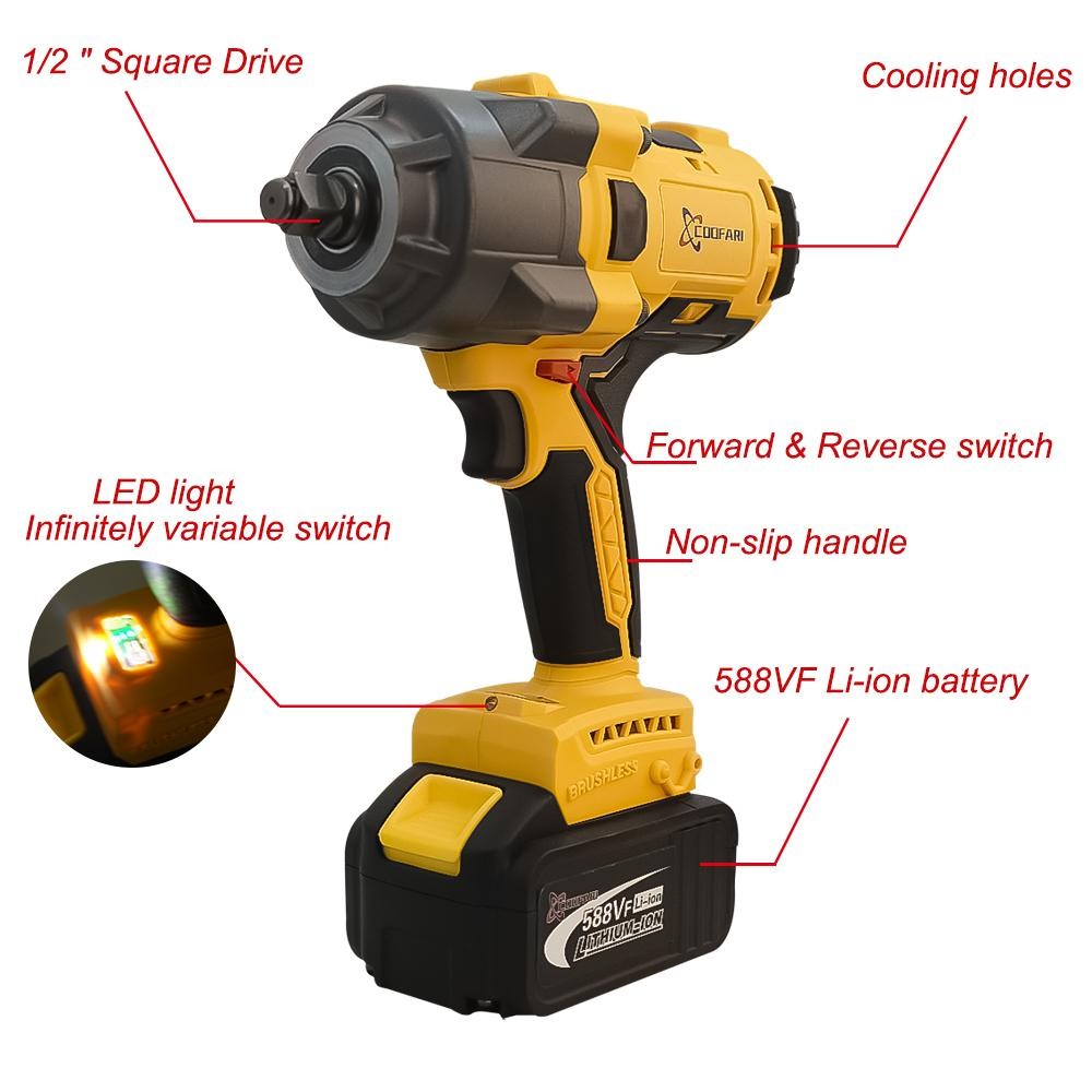 Coofari Kunci Pas Elektrik Torsi Tinggi 2600Nm, Kunci Pas Elektrik Tanpa Kabel 1/2 Inci, Alat Listri