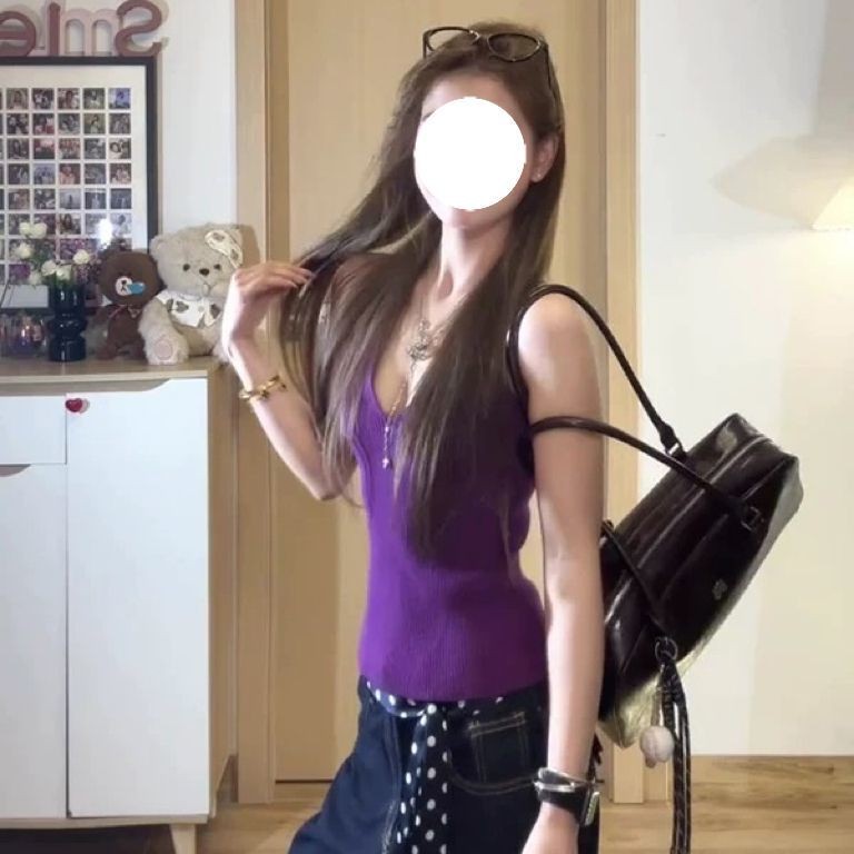 SENYOUMAI Rompi Leher Halter Ungu Wanita Rajutan Pendek Tanpa Lengan