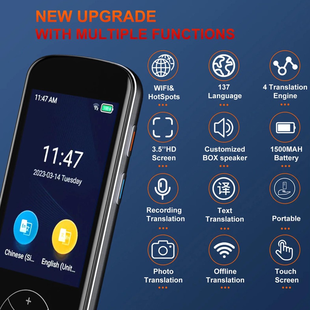 

2 Way Translator 137 Language Rechargeable Support WiFi Hotspot Smart Voice Translator with Offline Photo Translation for Study