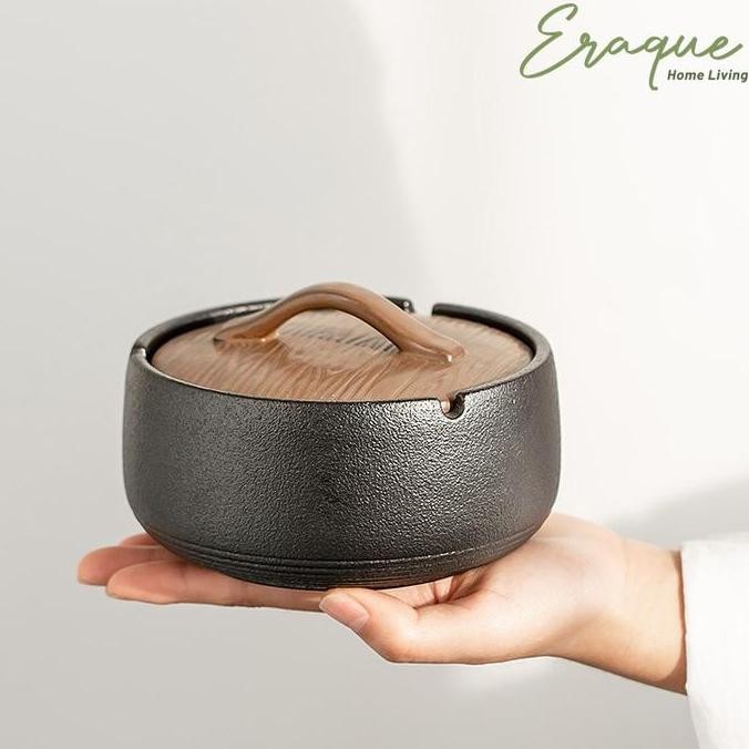 TERMURAH - Dobu Ashtray / Asbak Tempat Abu Rokok Keramik Jepang Dengan Tutup Kayu