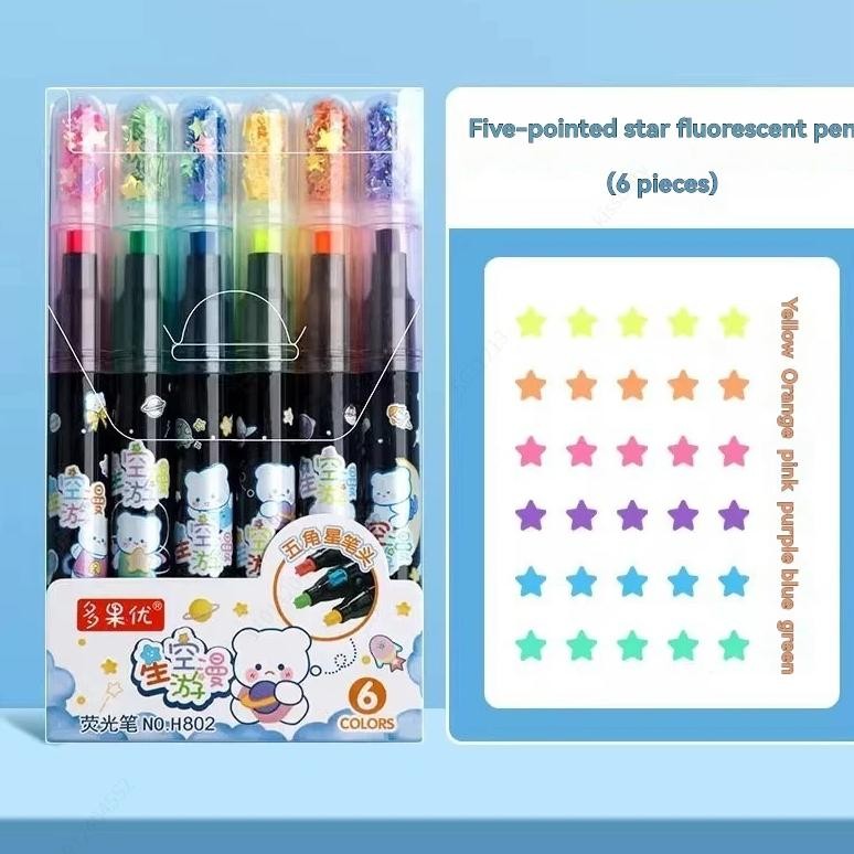 

6Pcs/Set Cute Star Stamp Highlighter Color Art Marker Diy Hand Account Pen Office Stationery Student School Drawing Supplies