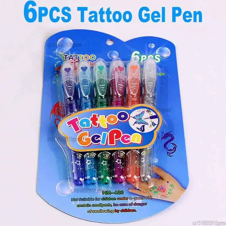 

Delvtch 6Pcs Set Washable Glitter Tattoo Gel Pen Eco-Friendly Colored Ink For Diy Skin Graffiti Drawing Painting Decor Kids Gift