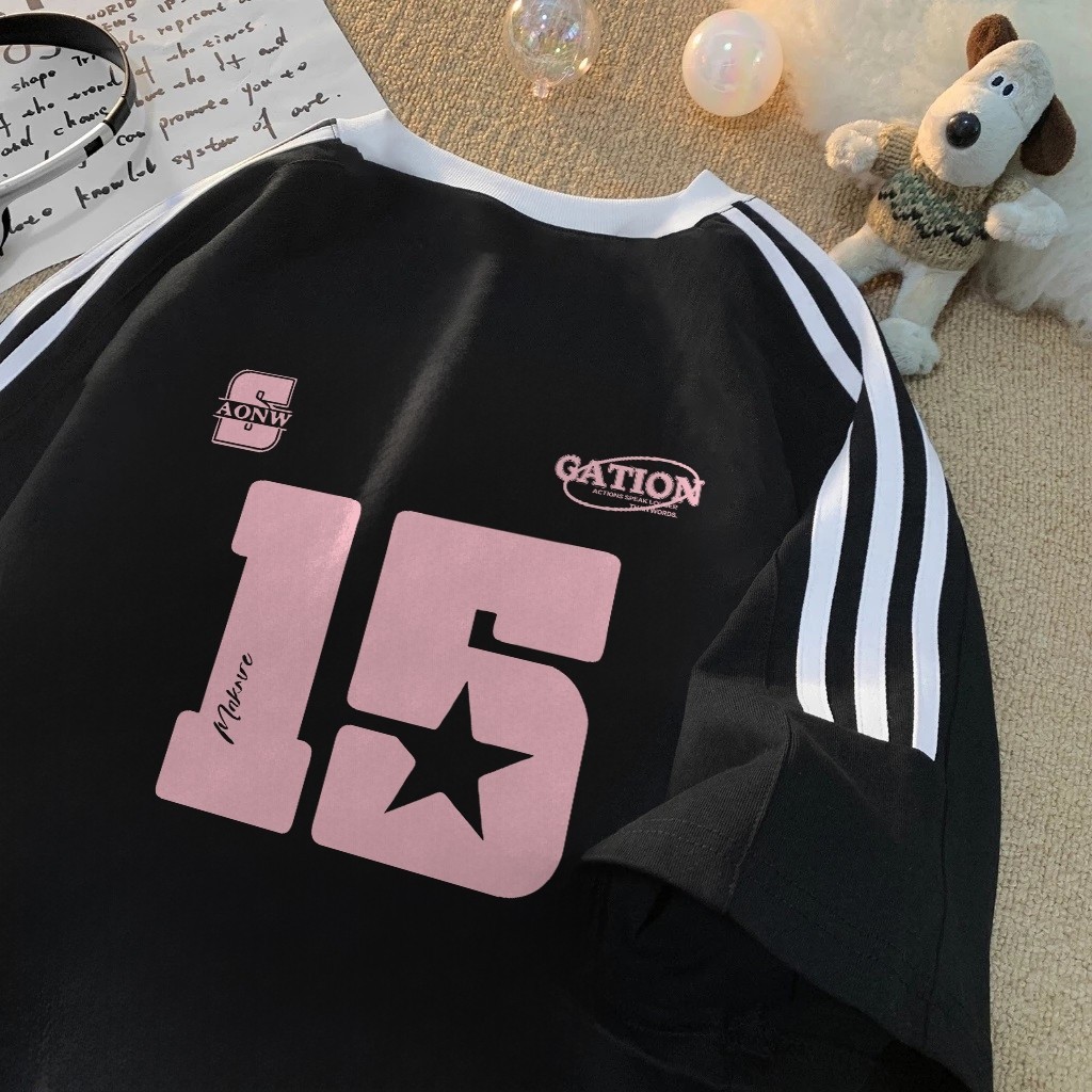 RumahKain Kaos Reglan Tshirt Wanita Nomor 15 Dicetak Baju Kaos Wanita Import Stripe Lengan Retro Sty