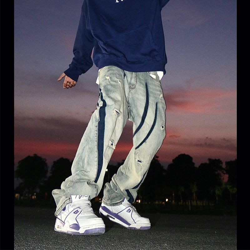 Tn. Di dalam COD Celana jeans robek vintage, model lurus longgar dan nyaman untuk pria