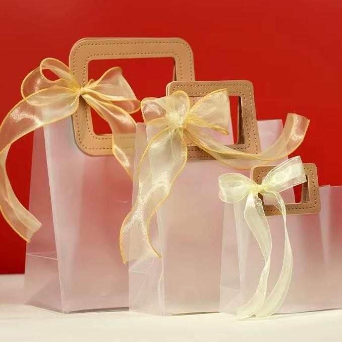 

Grosir 10Pcs Tas Mika Pvc Doff Transparan Leather Handle Goodie Bag Lebaran