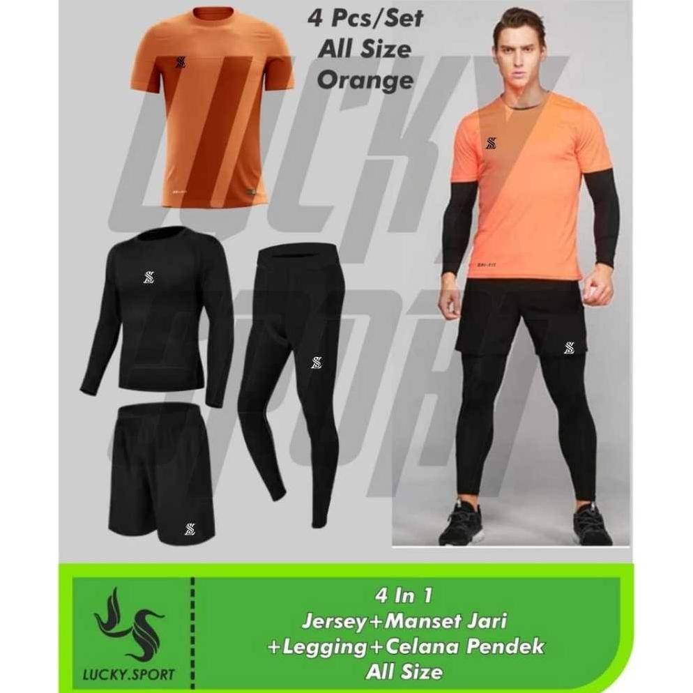 Paket 4 In 1 Baju Celana Running Sepak Bola Legging Pjg Manset Panjang Banyak Warna Mantap