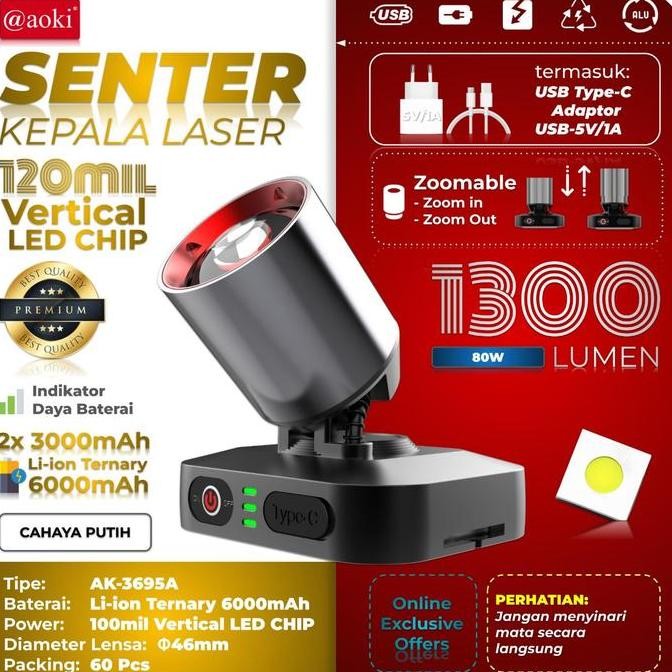TERMURAH - SENTER KEPALA LED LASER AOKI AK-3695A 80WATT 1300 LUMEN 6000MAH - ZOOM OUT JARAK JAUH - T