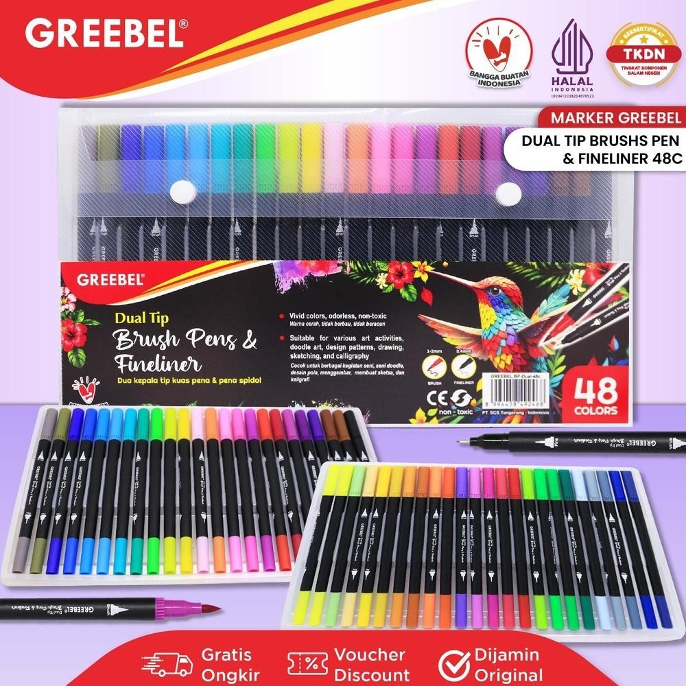 

LINDU GREEBEL Dual Tip Brush Pen Color / 48 Warna / Pena Kuas Warna / Spidol Set Marker Drawing Pen