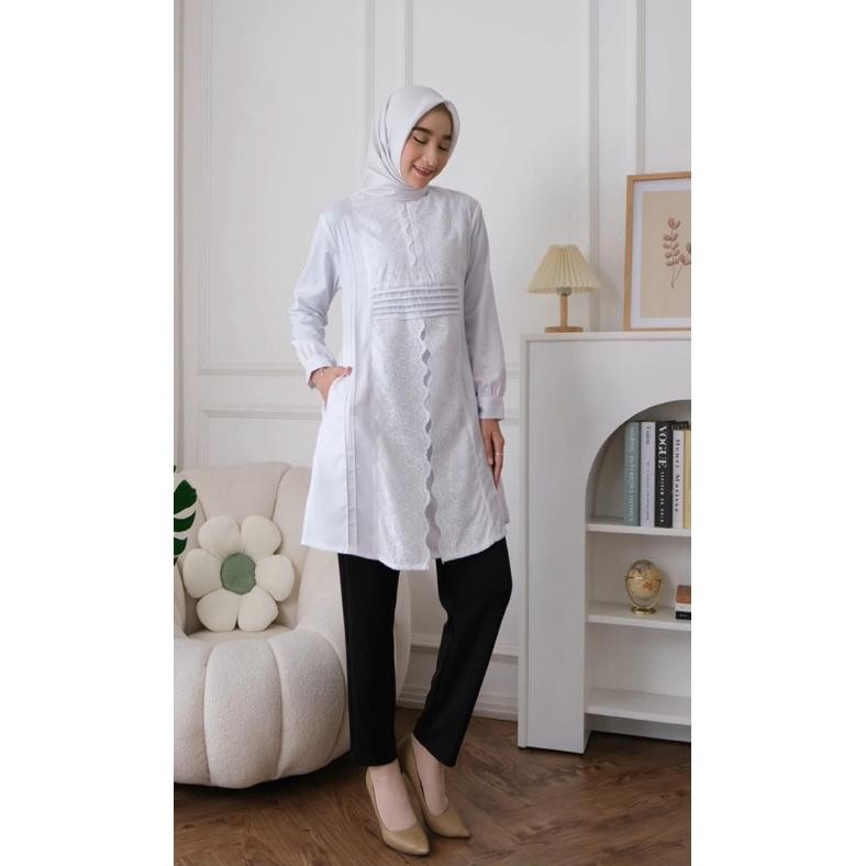 Ready Ambicollection Tunik Allara Atasan Wanita Putih Kerja Kantoran Formal Dan Non Formal