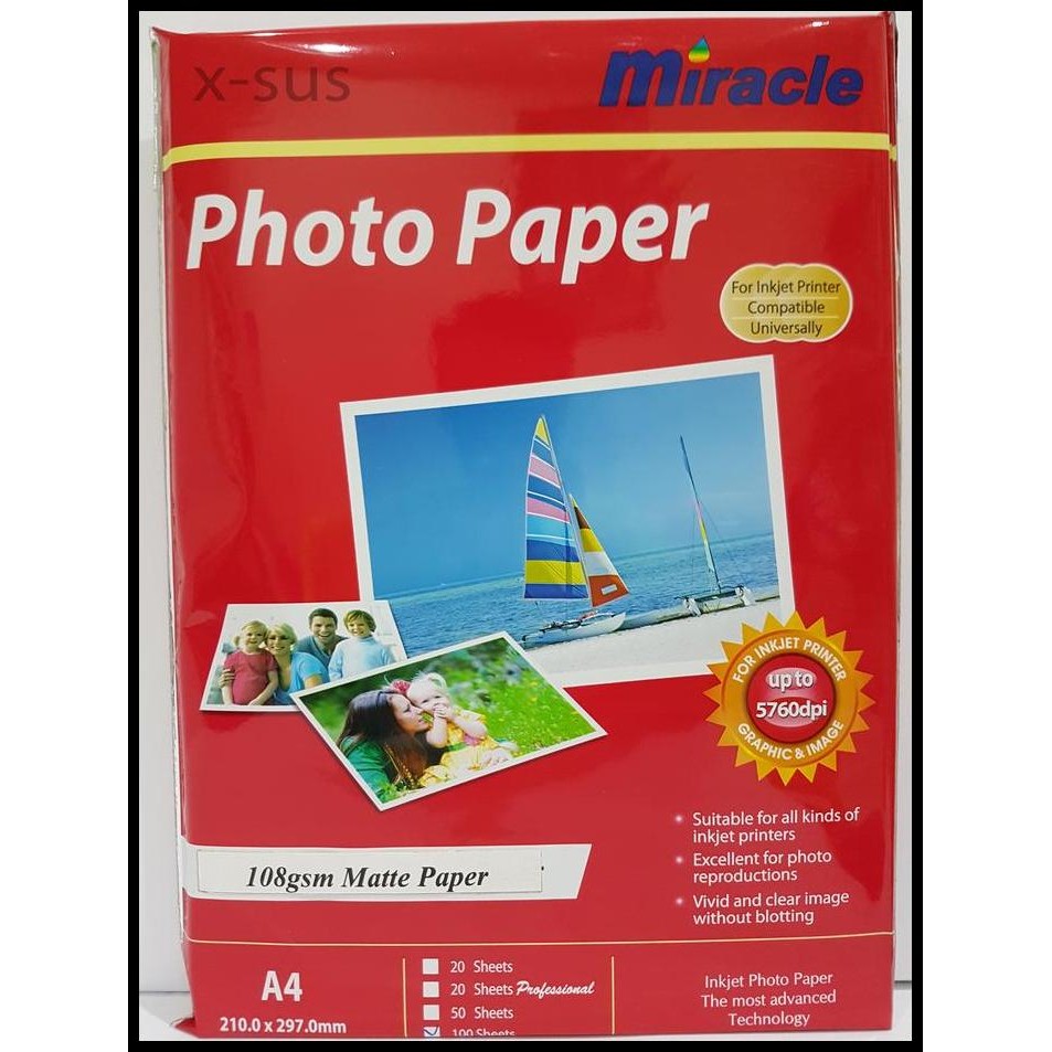 

Terlaris Kertas Foto 108Gr A4 Matte Inkjet Paper Miracle Good Quality