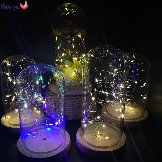 ```````] Glass Dome Lampu Dome Led String / Flower Dome Light / Lampu Kubah Kaca Import Alas Kayu [T