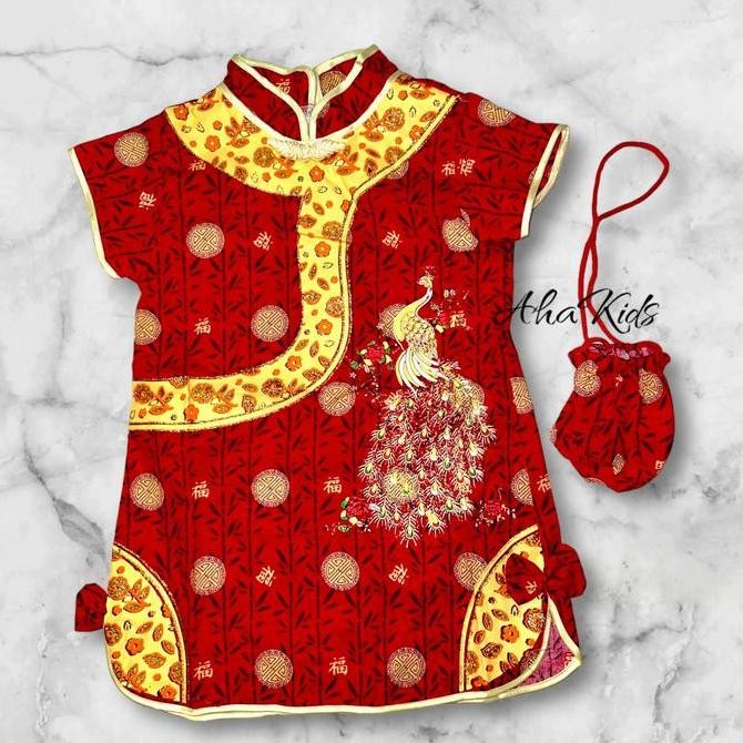 Tersedia DRESS CINA CHEONGSAM MOTIF BURUNG MERAK ANAK PEREMPUAN LUCU/BAJU CINA DRESS ANAK MODEL TERB