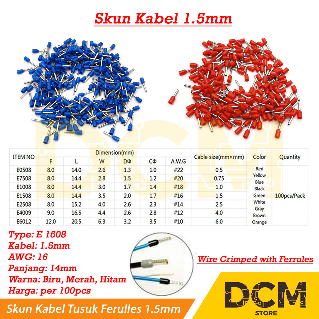 Skun Kabel Tusuk Ferulles/Ferrules 1.5mm 1.5 mm 1,5mm 1,5 mm E1508