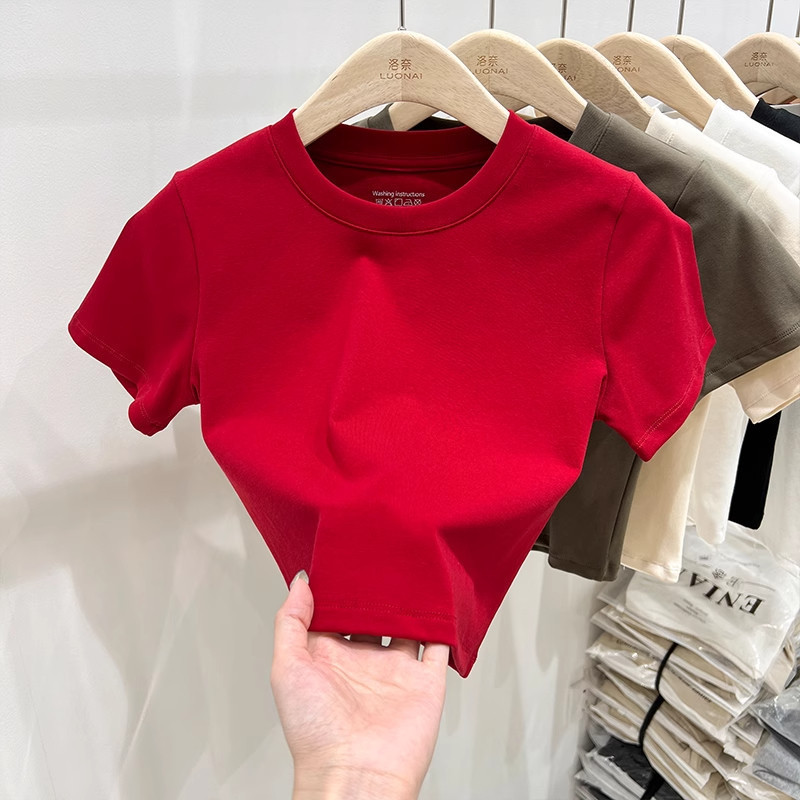 T-shirt stretch slim fit leher bulat pendek/kaos merah/Kaos gaya Korea t shirt