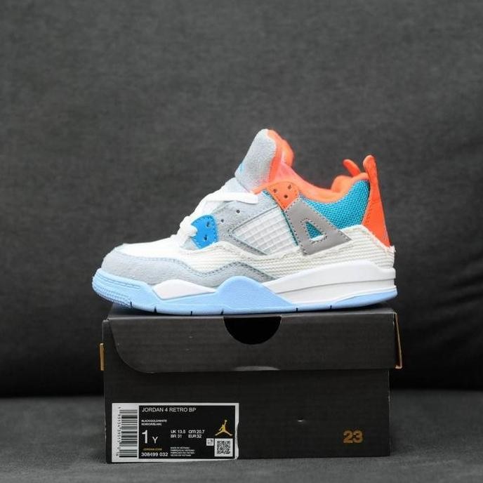 Tersedia SEPATU KIDS JORDAN RETRO 4 WHITE BLUE ORANGE ORIGINAL VIETNAM BNIB