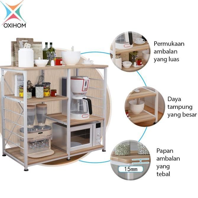 Oxihom Rak Dapur Susun Kayu Besi Rak Microwave Rak Serbaguna