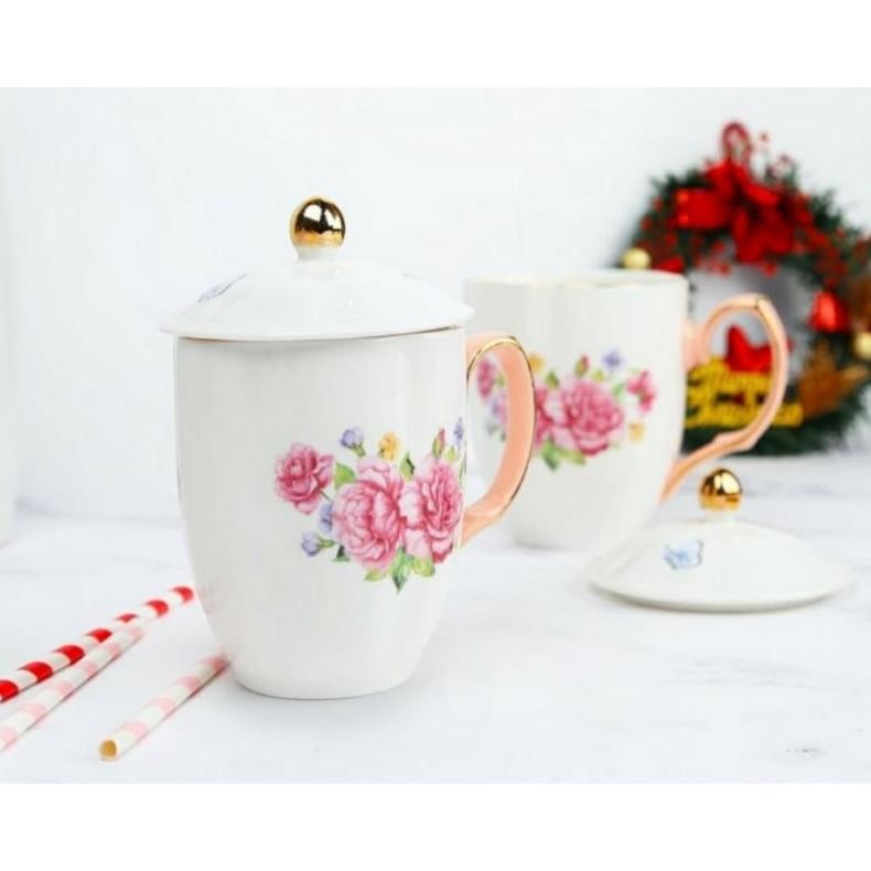 Terlaris Mug Tutup Keramik 350 ml |  Motif Shabby | Isi: 2 pasang Terbaru