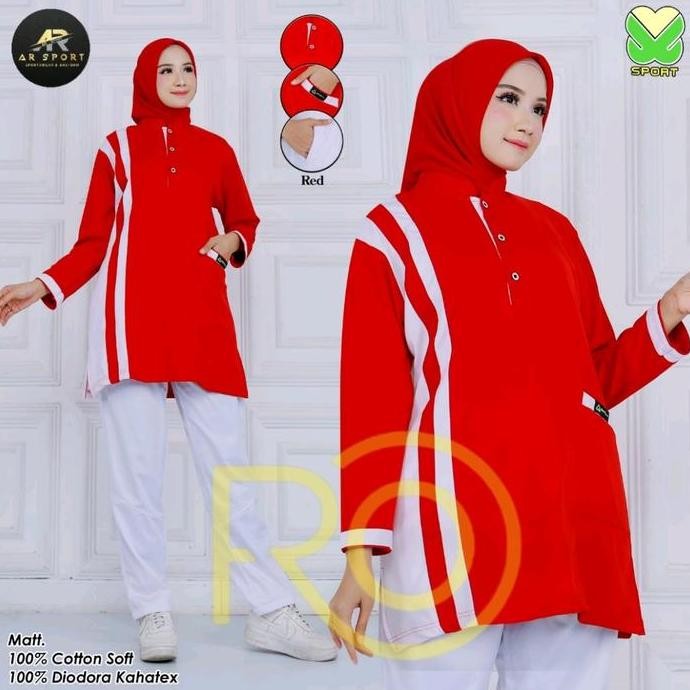 Stelan olahraga merah putih/Baju olahraga wanita merah putih Atasan Celana Muslim Panjang PS