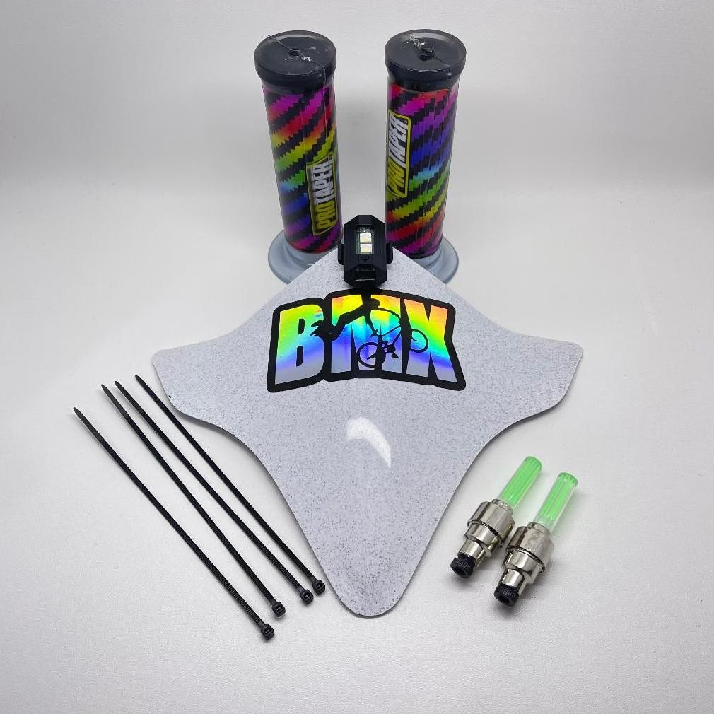 Paket Komplit Visor Sepeda BMX + Stiker Hologram BMX + Lampu Tempel + Lampu Tutup Pentil Nyala + Han