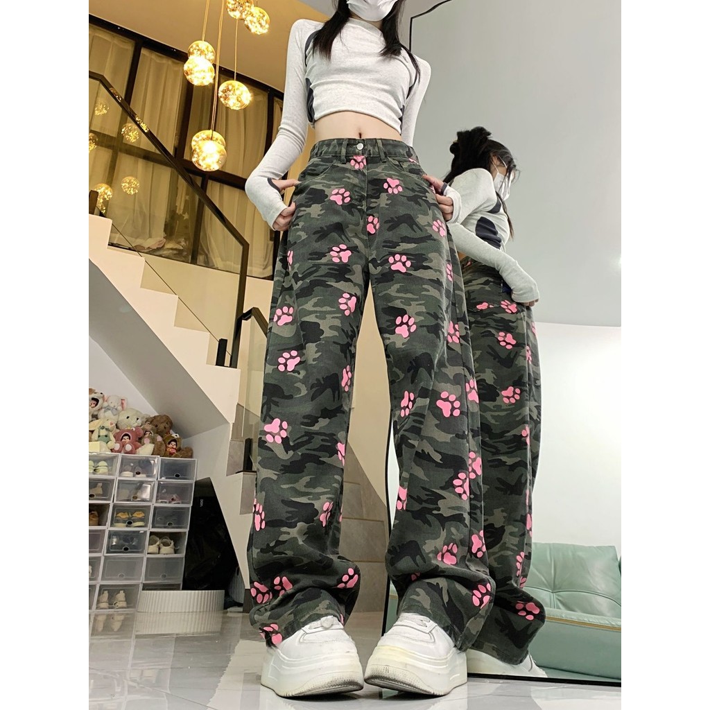 Jeans Wanita Cetak Kamuflase Pinggang Tinggi/Celana Lurus Pinggang Tinggi