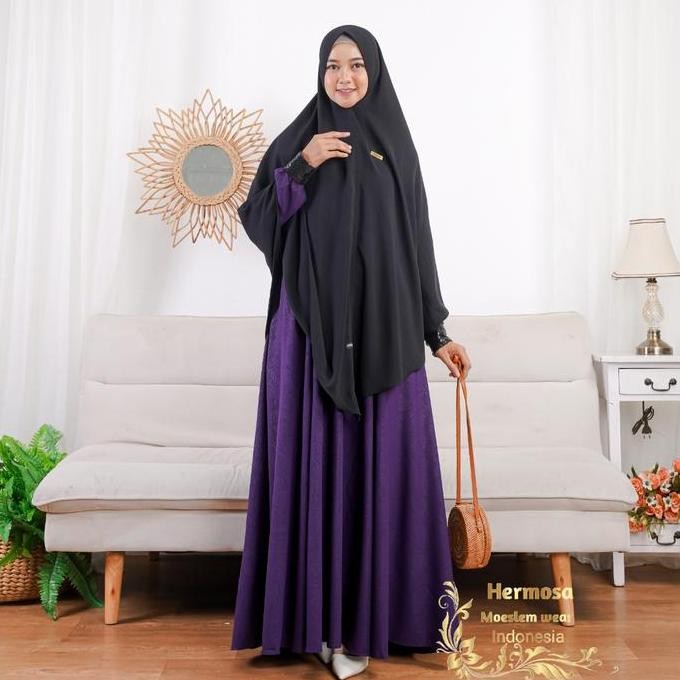 Tersedia [Gamis hermosa] Gamis hermosa embos motif Indian manset squin ungu tua-gamis ungu tua syari