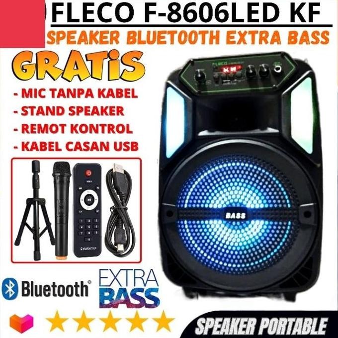 Promo Termurah Speaker Bluetooth Fleco F 8809 Led 8'5 Inch Free Mic Wireless Karaoke + Remote + Stan